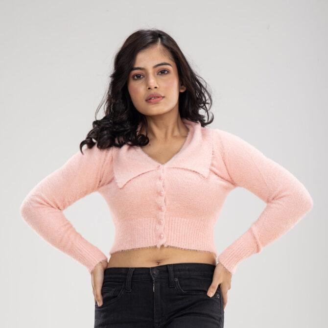 Collard Full Sleeves Fuzzy Crop Top