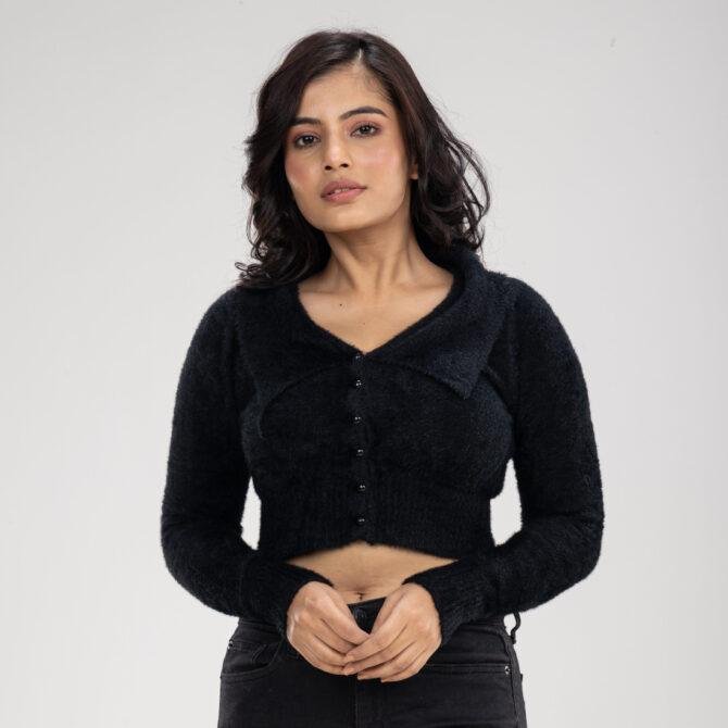 Collard Full Sleeves Fuzzy Crop Top