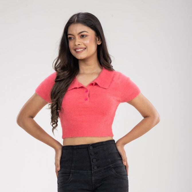 Fuzzy Collared Crop Top