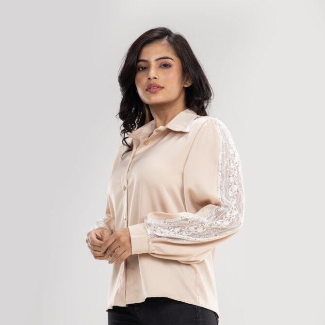 Sequin Sleeve Satin Shirt
