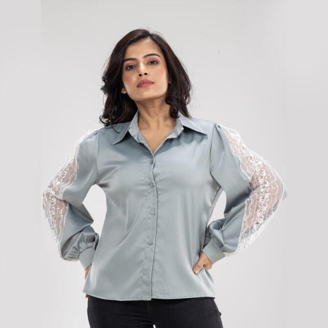 Sequin Sleeve Satin Shirt